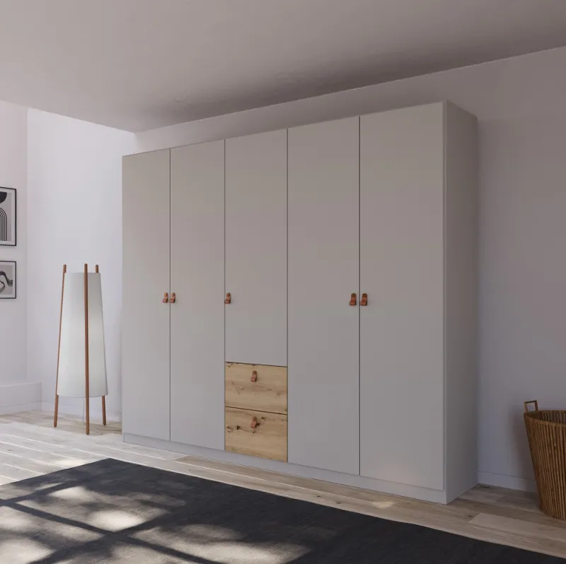 Kleiderschrank Drehtürenschrank Quadra-Spin | 5-türig | mit Schubkästen | seidengrau / Eiche Artisan | 226x210 | Griff Homey