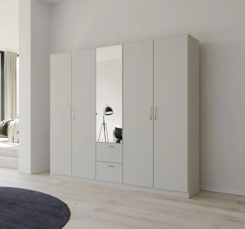 Kleiderschrank Drehtürenschrank Quadra-Spin | 5-türig | mit Spiegeltüren & Schubkästen | seidengrau | 226x210 | Griff Pure