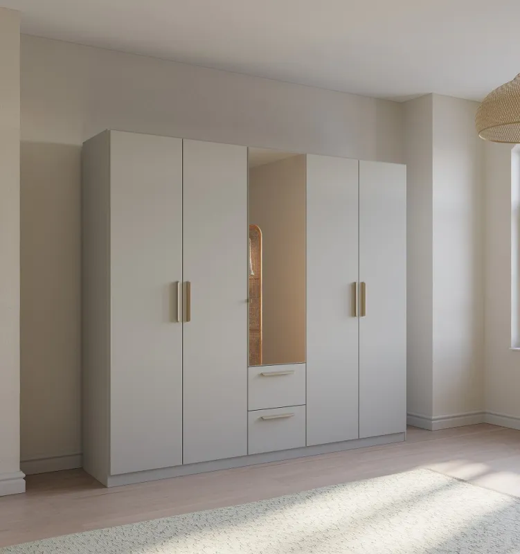 Kleiderschrank Drehtürenschrank Quadra-Spin | 5-türig | mit Spiegeltüren & Schubkästen | seidengrau | 226x210 | Griff Skandi
