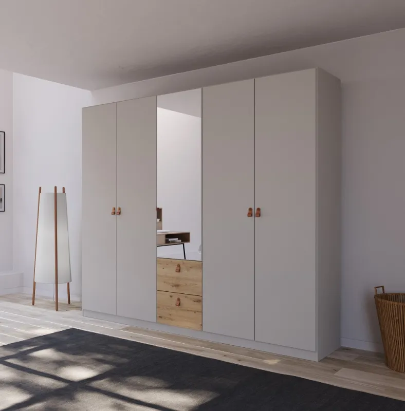 Kleiderschrank Drehtürenschrank Quadra-Spin | 5-türig | mit Spiegeltüren & Schubkästen | seidengrau / Eiche Artisan | 226x210 | Griff Homey