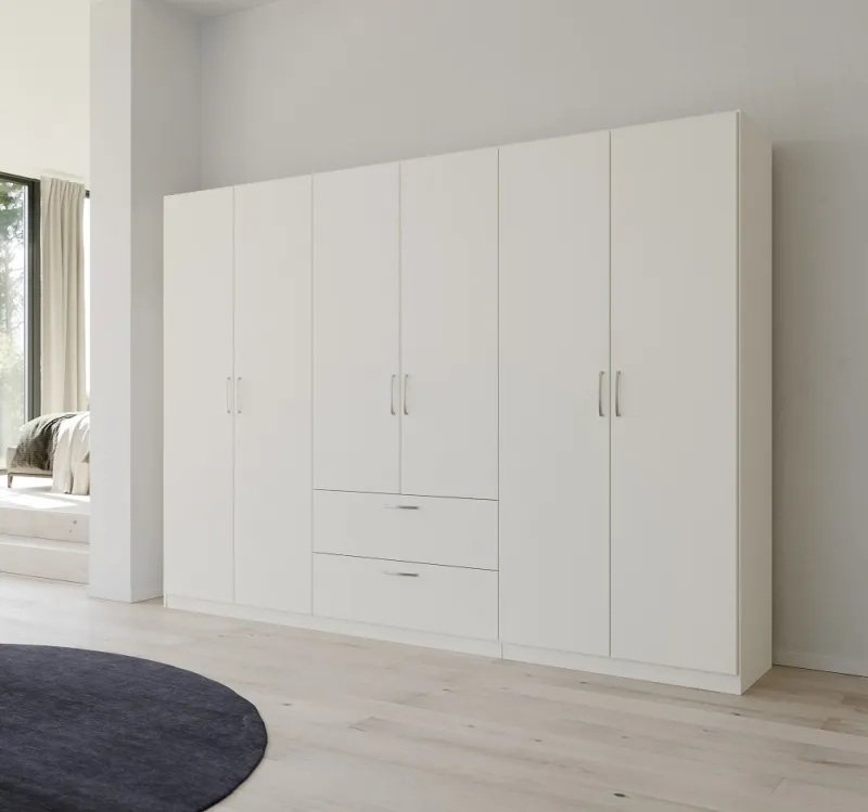 Kleiderschrank Drehtürenschrank Quadra-Spin | 6-türig | mit Schubkästen | alpinweiß | 271x210 | Griff Pure