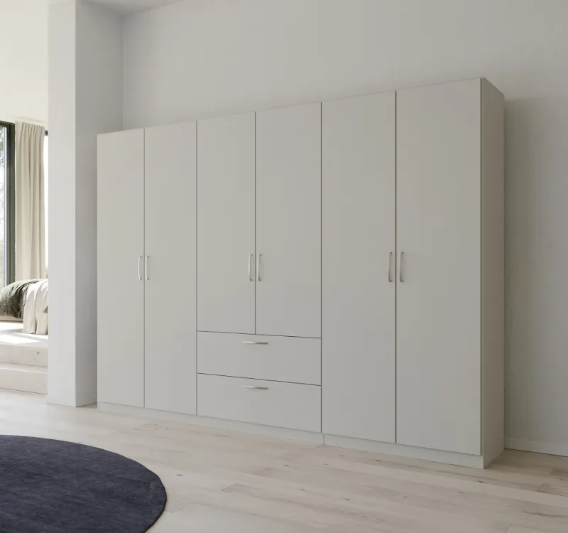 Kleiderschrank Drehtürenschrank Quadra-Spin | 6-türig | mit Schubkästen | seidengrau | 271x210 | Griff Pure