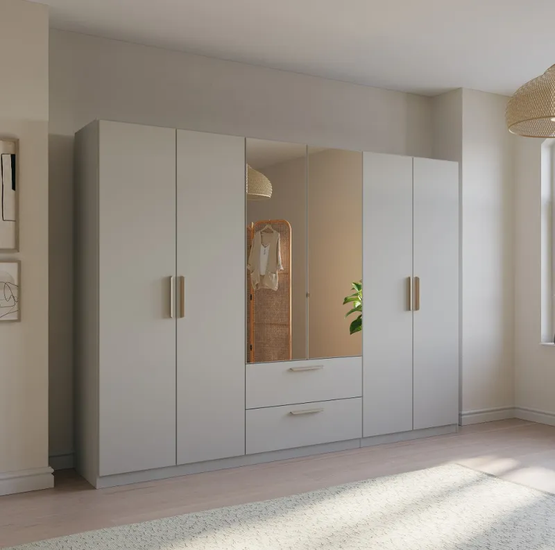Kleiderschrank Drehtürenschrank Quadra-Spin | 6-türig | mit Spiegeltüren & Schubkästen | seidengrau | 271x210 | Griff Skandi