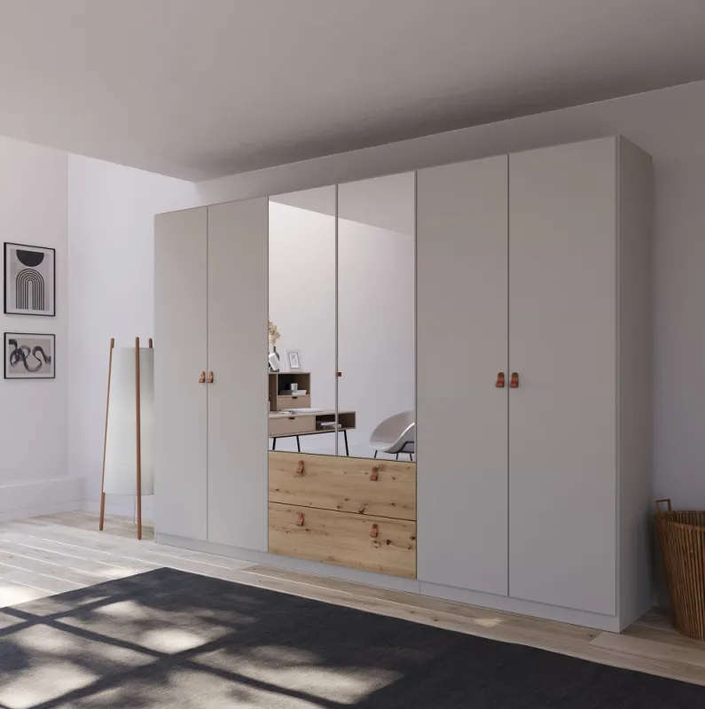 Kleiderschrank Drehtürenschrank Quadra-Spin | 6-türig | mit Spiegeltüren & Schubkästen | seidengrau / Eiche Artisan | 271x210 | Griff Homey