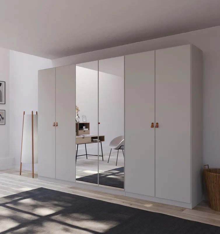 Kleiderschrank Drehtürenschrank Quadra-Spin | 6-türig | mit Spigeltüren | seidengrau | 271x210 | Griff Homey