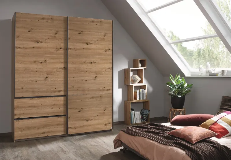 Kleiderschrank Schwebetürenschrank Sevilla | 2-türig | Eiche Artisan / grau metallic | 175 x 210 x 59 cm