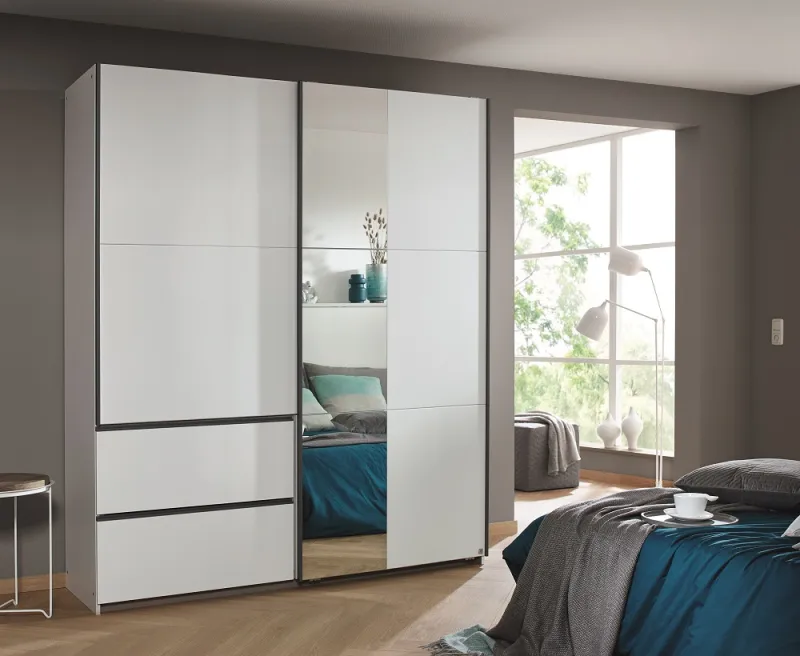Kleiderschrank Schwebetürenschrank Sevilla mit Spiegel | 2-türig | Alpinweiß / grau metallic | 175 x 210 x 59 cm