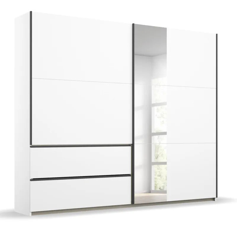 Kleiderschrank Schwebetürenschrank Sevilla mit Spiegel | 2-türig | Alpinweiß / grau metallic | 218 x 210 x 59 cm