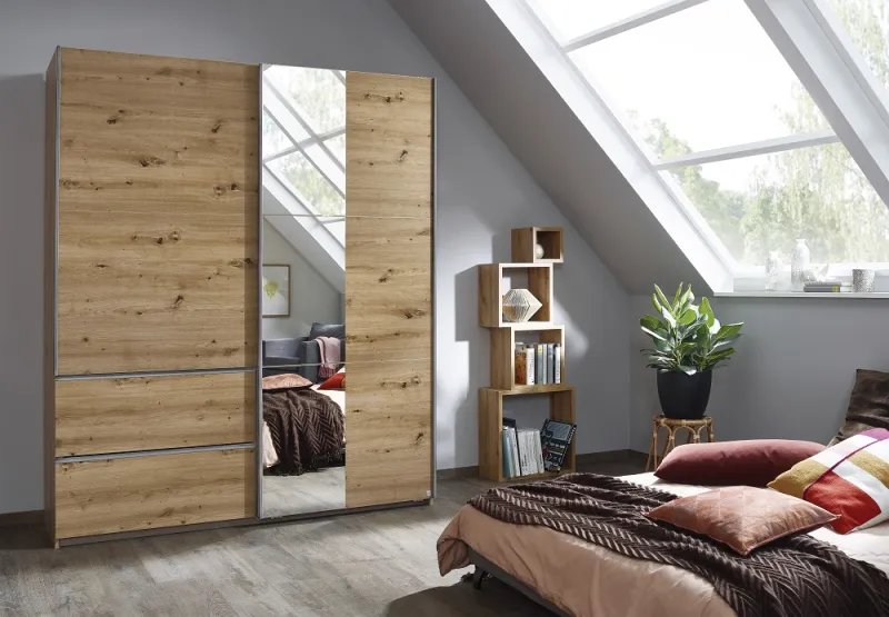 Kleiderschrank Schwebetürenschrank Sevilla mit Spiegel | 2-türig | Eiche Artisan | 175 x 210 x 59 cm