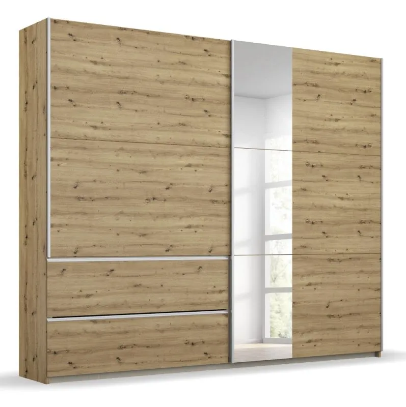 Kleiderschrank Schwebetürenschrank Sevilla mit Spiegel | 2-türig | Eiche Artisan | 218 x 210 x 59 cm