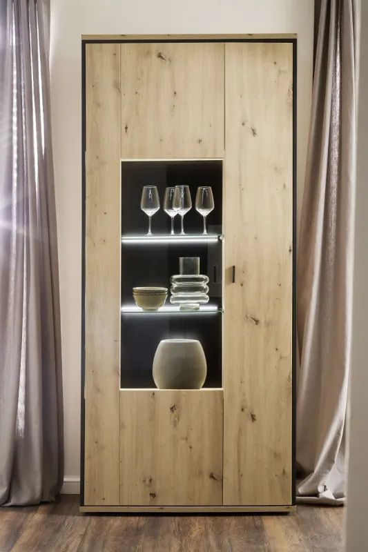 Kombi-Vitrine Buenos Aires | Balkeneiche | mit 2-er Set LED Rückwandbeleuchtung