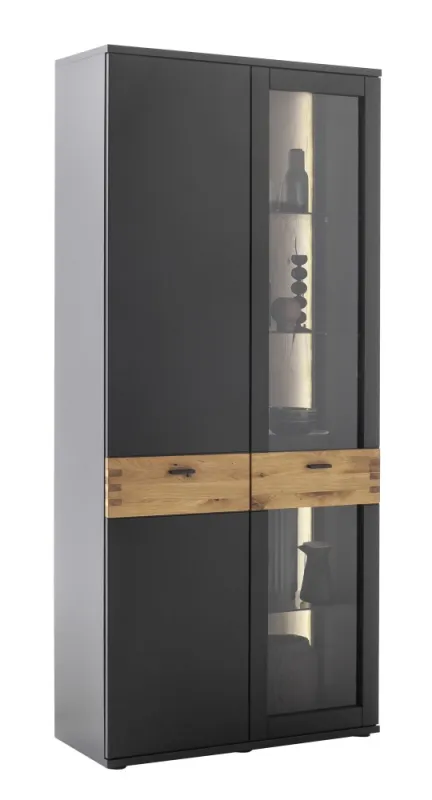 Kombi-Vitrine Cesena | Wildeiche / schwarzgrau | mit 2er Set LED Beleuchtung 85 cm