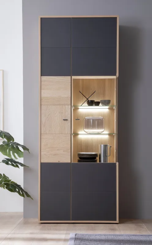 Kombi-Vitrine Valencia | Balkeneiche Bianco / Glas anthrazit | mit 2er Set LED Rückwandbeleuchtung