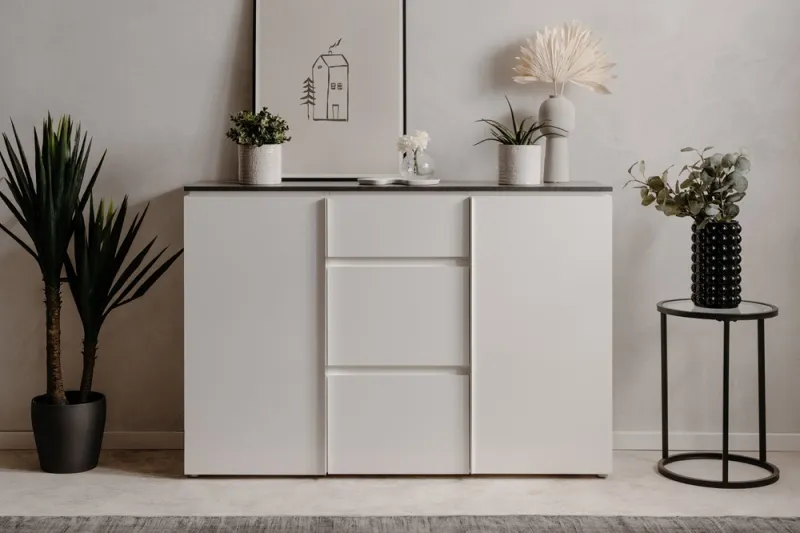 Kommode Brest | Matera / Weiß Hochglanz | 133 cm x 92 cm x 40 cm