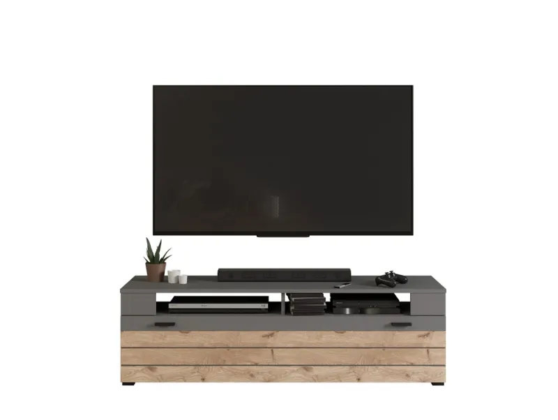 Lowboard TV-Board Freno | grau matt / Nox Oak | mit 2er Set LED Unterbauspot