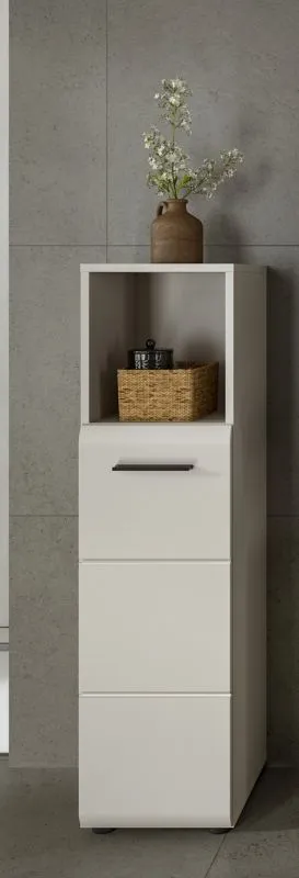 Midischrank Ice, Kaschmir matt, im Wohnzimmer, mit offener Nische und Schubkästen