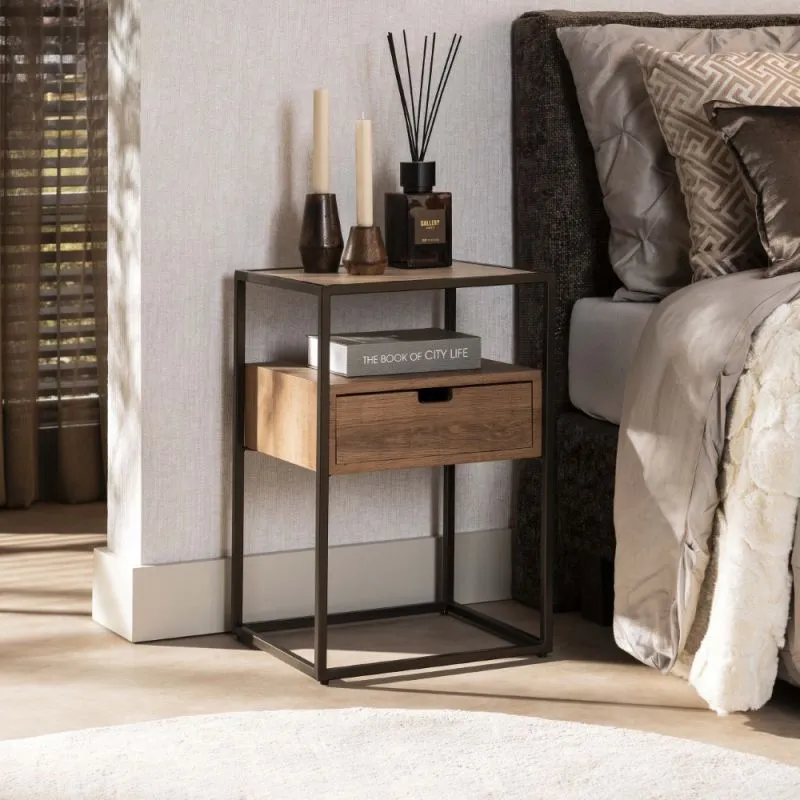 Nachttisch Firi | mit Schubkasten | Keramik travertin | Eiche