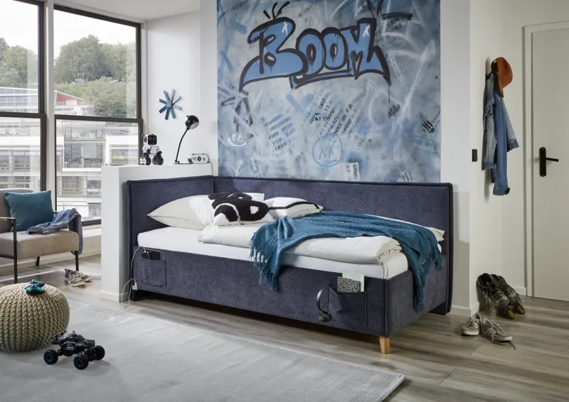 Polsterbett Fun | dunkelblau | 90 x 200 cm | mit Rückenteil | ohne Bettkasten | mit Matratze
