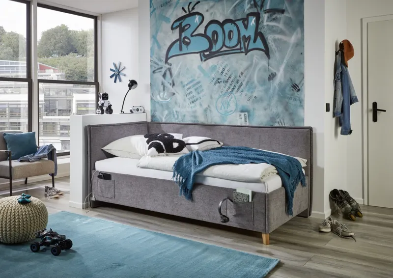 Polsterbett Fun | grau | 120 x 200 cm | mit Rückenteil | mit Bettkasten | mit Matratze