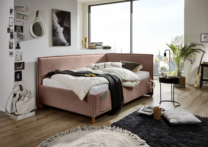 Polsterbett Fun | rose | 90 x 200 cm | mit Rückenteil | mit Bettkasten & mit Matratze