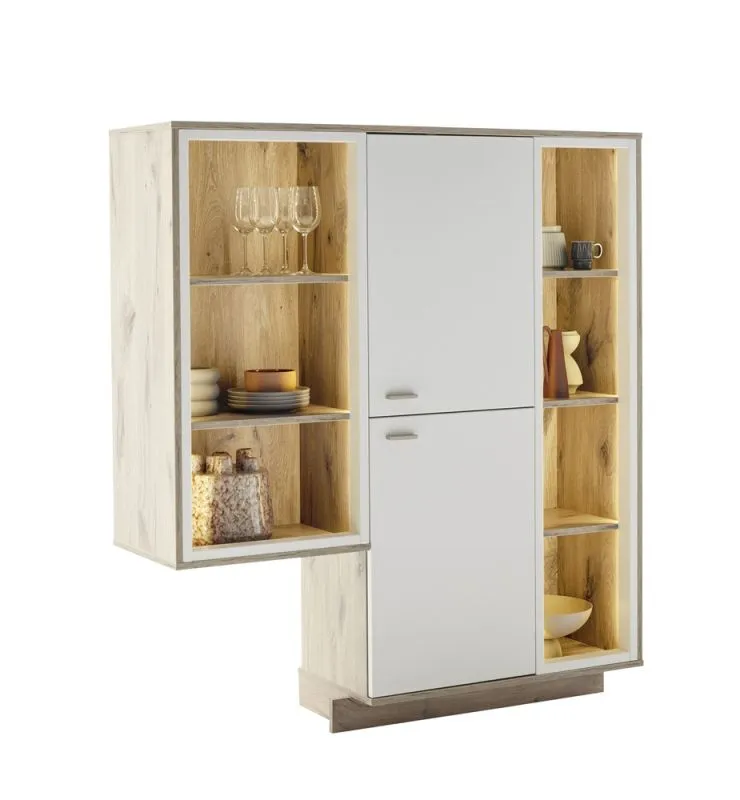 Regalschrank Highboard Santerno | Soft white / Viking Oak | mit Beleuchtung 125 cm