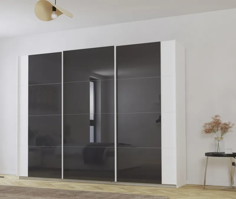 Schwebetürenschrank Artemis | mit Glastüren | alpinweiß / basalt grau | 271 x 210 x 62 cm