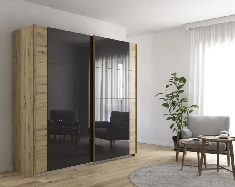 Schwebetürenschrank Artemis | mit Glastüren | Eiche Artisan / basalt grau | 226 cm x 210 cm x 62 cm