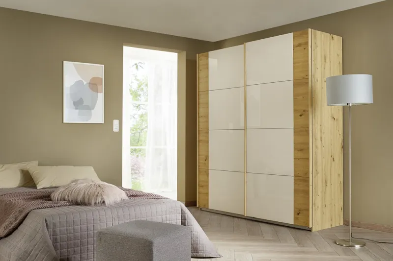 Schwebetürenschrank Artemis | mit Glastüren | Eiche Artisan / champagner | 181 x 210 x 62 cm
