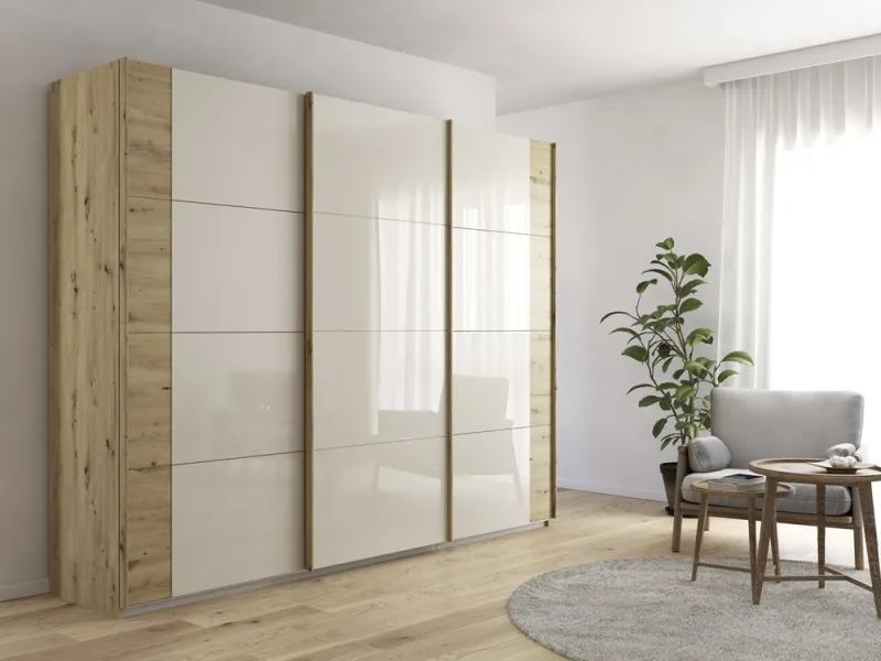 Schwebetürenschrank Artemis | mit Glastüren | Eiche Artisan / champagner | 271 x 210 x 62 cm