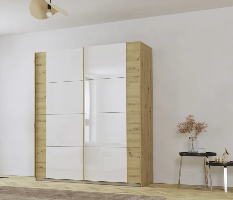 Schwebetürenschrank Artemis | mit Glastüren | Eiche Artisan / weiß | 181 x 210 x 62 cm