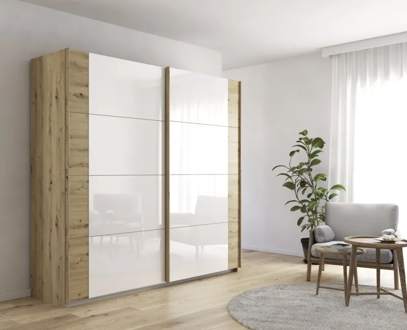 Schwebetürenschrank Artemis | mit Glastüren | Eiche Artisan / weiß | 226 x 210 x 62 cm