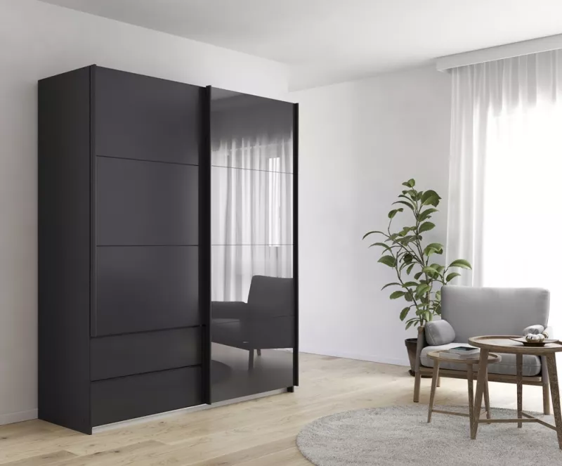 Schwebetürenschrank Elara mit Glas | grau metallic / basalt grau | verschiedene Größe