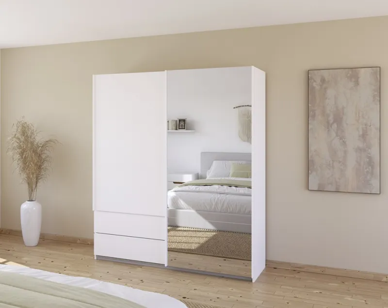Schwebetürenschrank Elara mit Spiegel | alpinweiß | 181 x 210 x 62 cm