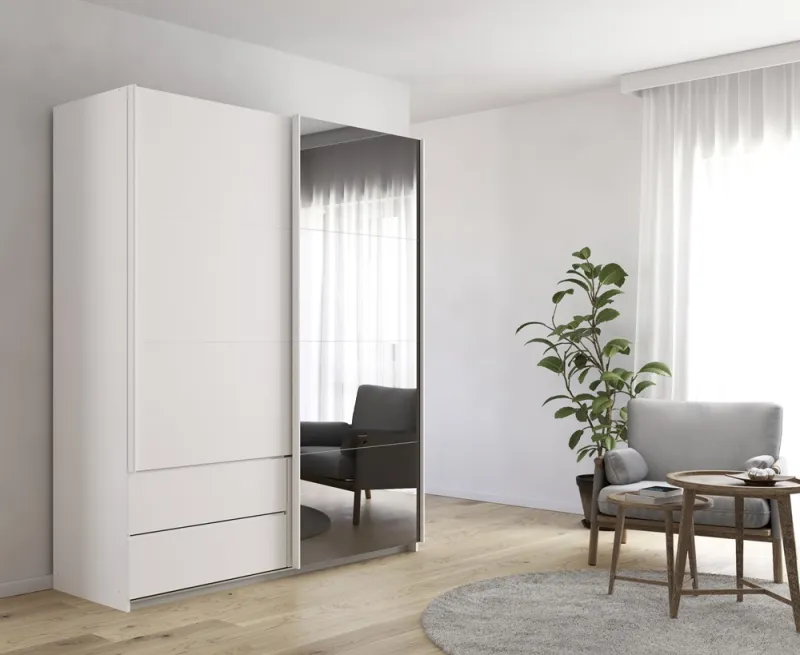 Schwebetürenschrank Elara mit Spiegel in grau | alpinweiß | 181 x 210 x 62 cm