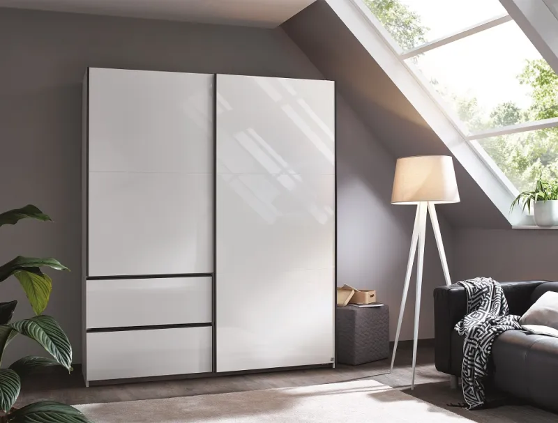 Schwebetürenschrank Sevilla | 2-türig | Alpinweiß Hochglanz / grau metallic | verschiedene Größen 175 x 210 x 59 cm