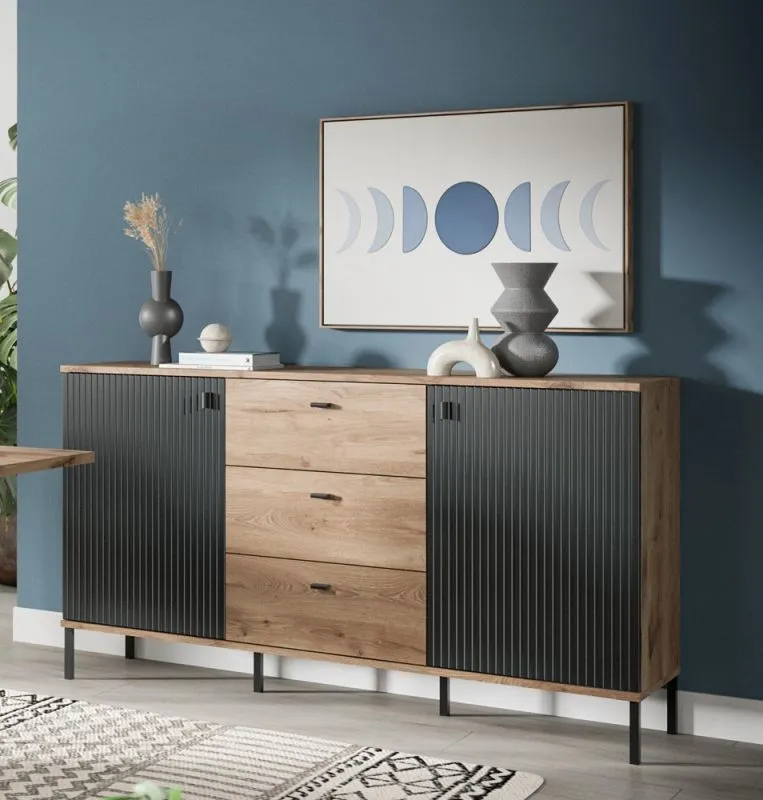 Sideboard Chess | mit 3 Schubkästen | Nox Oak / schwarz