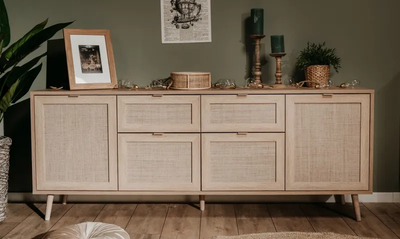 Sideboard Kommode groß Bali | Sonoma Eiche / Rafia Geflecht | Mediterran