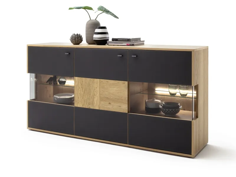 Sideboard Valencia | Balkeneiche Bianco / Glas anthrazit | 2er Set LED Rückwandbeleuchtung