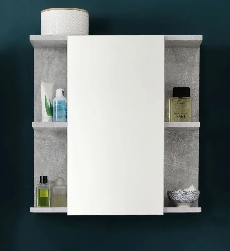 Spiegelschrank Nano | weiß Hochglanz / Beton Stone mit LED Aufsatzbeleuchtung