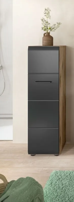 Standschrank Hängeschrank Ice, schwarz matt, schmaler Schrank mit 4 Schubkästen, Seite mit Holzrahmen sichtbar