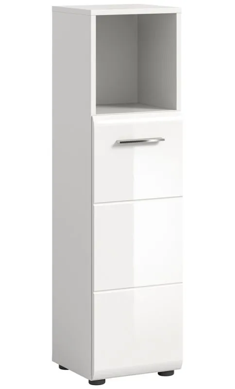 Standschrank hoch Ice, weiß Hochglanz, Offenes Fach oben, 1 Tür mit Griff, 2 Schubkästen, Standfüße
