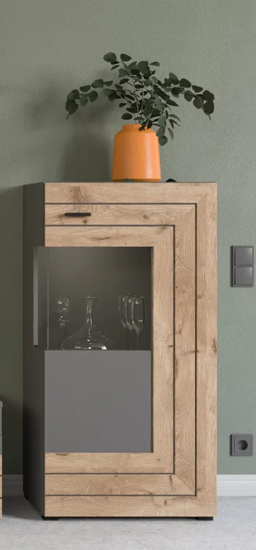 Standschrank Kommode Freno | grau matt / Nox Oak | mit 2er Set LED Unterbauspot