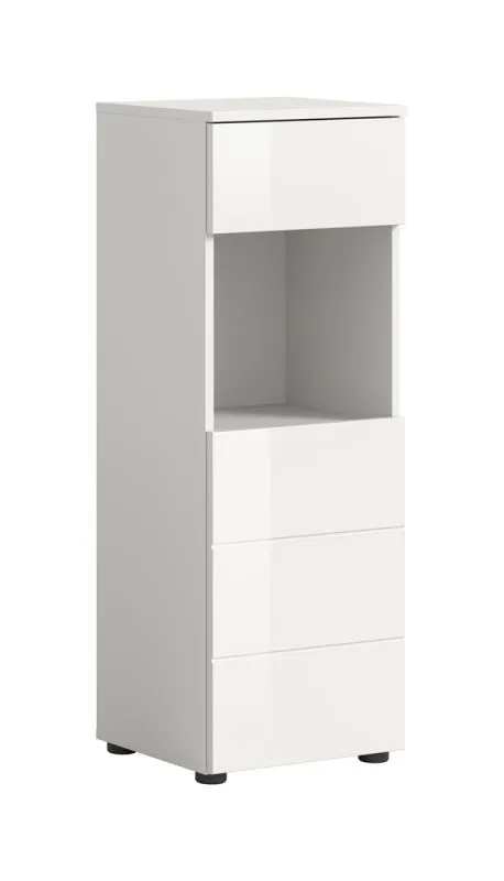 Standschrank Vira klein, weiß Hochglanz, Schrank mit offener Nische, 1 Tür oben, 2 Schubkästen unten