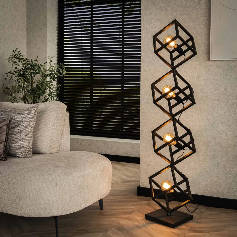Stehlampe Atom | 4 Leuchten | Metallwürfel | anthrazit