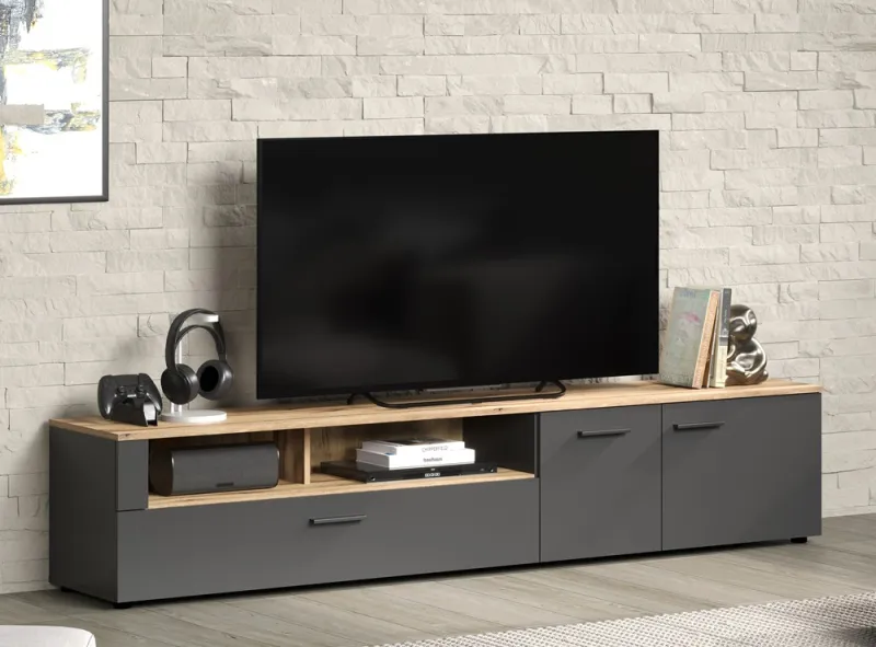 TV-Board Lowboard Esteban | Anthrazit / Coast Evoke Oak 2er Set LED Unterbauspot