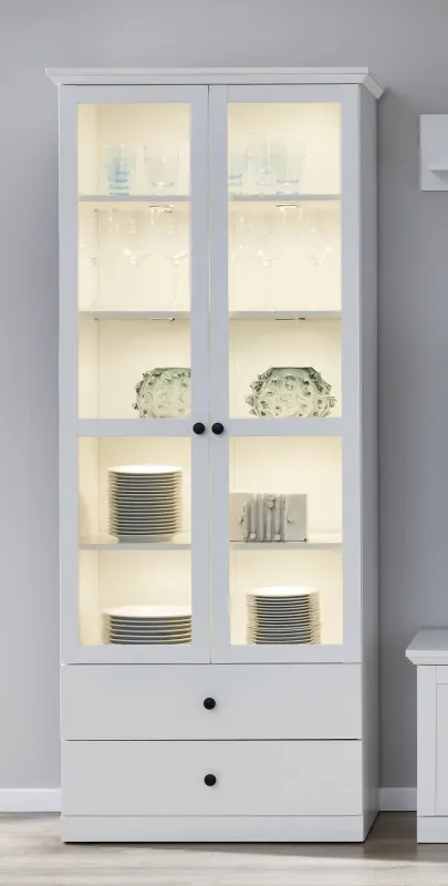 Vitrine Baxter | Landhausstil | weiß | mit 10er Set LED Unterbauspots