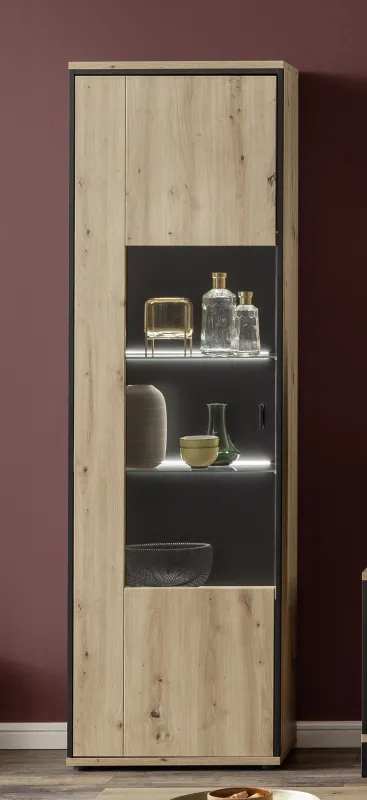 Vitrine Buenos Aires | Balkeneiche | mit 2-er Set LED Rückwandbeleuchtung