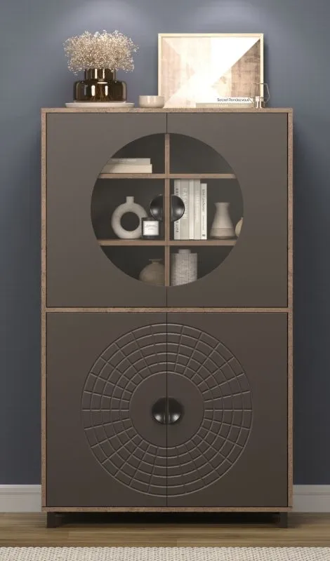 Vitrine Fusion, Perlbronze Dekor, Vitrine mit rundem Glaseinsatz oben, geometrischem Türmuster unten, offene Regalfächer