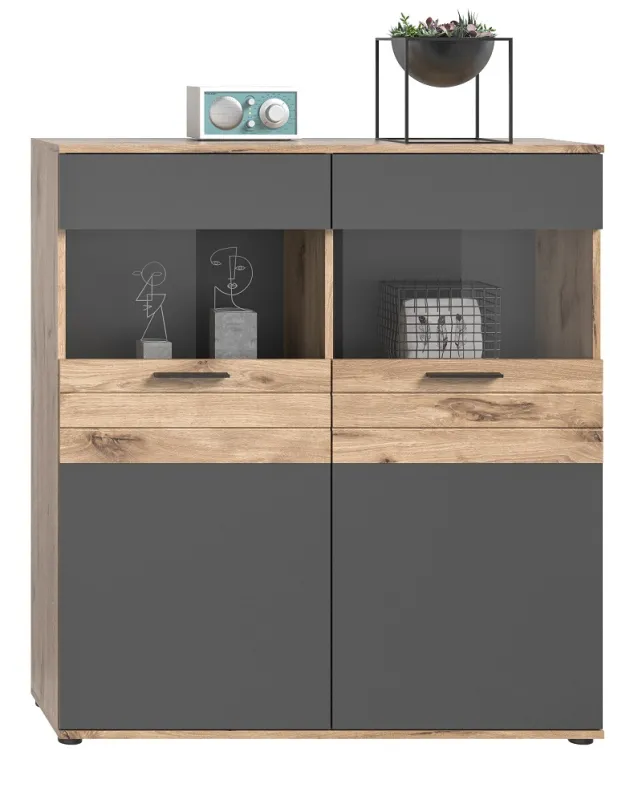Vitrine Highboard Mason | Nox Oak / Basalt Grau mit 2er Set LED Unterbauspots