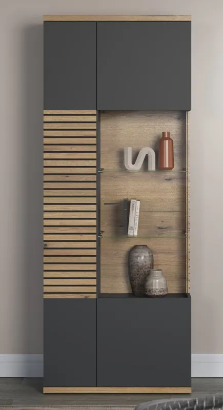 Vitrine Hochschrank Norris | grau / Coast Evoke Oak | 80 cm x 205 cm x 37 cm 2er Set Glasbodenclips